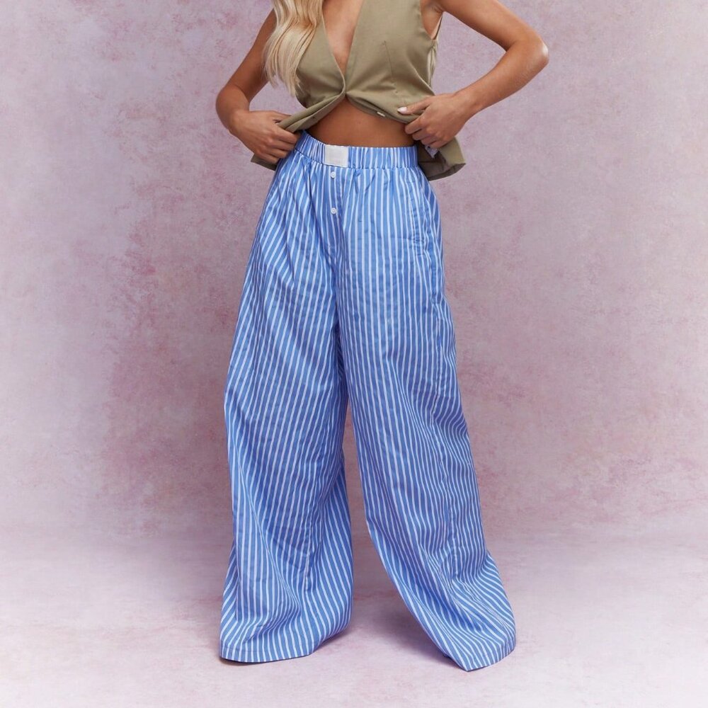 MISSGUIDED Women's Buttoned Striped Wide Leg Palazzo Pajama Pants S